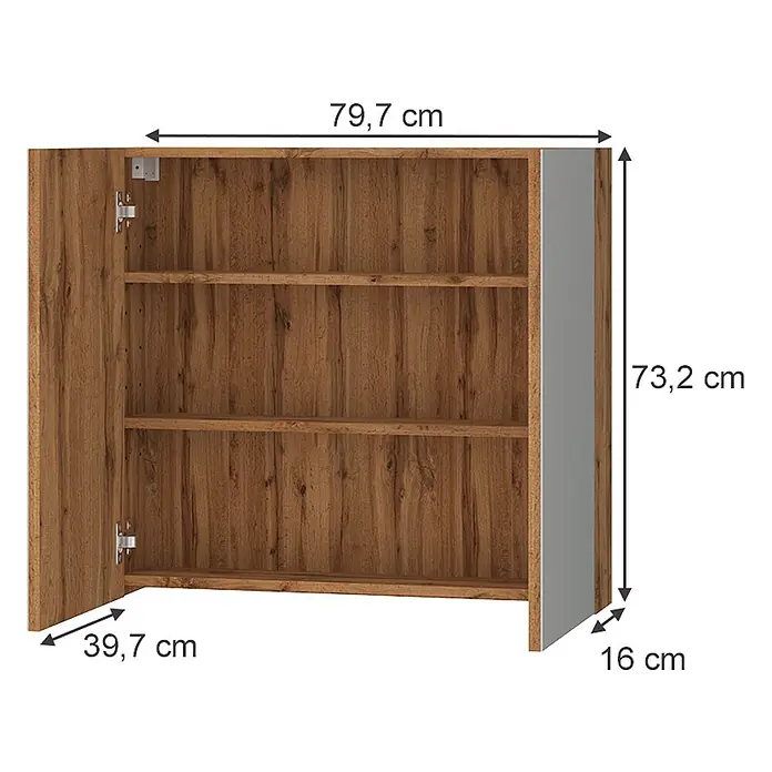 Vicco Spiegelschrank - Sonstiges, Eiche - Brauner Wandschrank in Holzoptik mit offener Tür und zwei Einlegeböden, Maße 79,7x73,2x16 cm.
