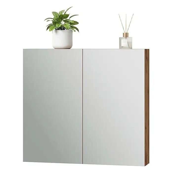 Vicco Spiegelschrank - Sonstiges, Eiche - Spiegelschrank mit zwei Türen und einer Seitenwand aus Naturholz, oben mit Topfpflanze und Diffusor.