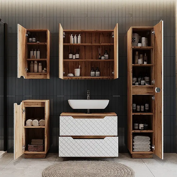 Vicco Spiegelschrank - Sonstiges, Eiche - Helles Holz-Badezimmerschrank-Set mit weißem Waschbecken, gemusterten Schubladen und offenen Ablageeinheiten für Pflegeprodukte und Handtücher.