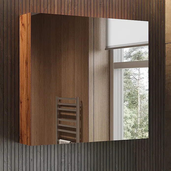 Vicco Spiegelschrank - Sonstiges, Eiche - Rechteckiger Spiegelschrank mit Holzwand, der einen Raum mit Fenster und Handtuchwärmer widerspiegelt.