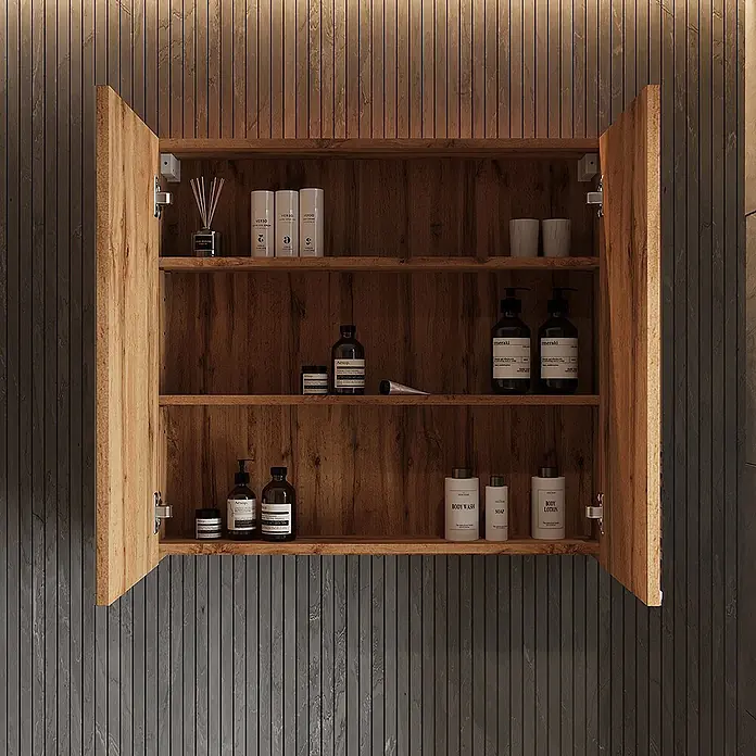 Vicco Spiegelschrank - Sonstiges, Eiche - Offener Medizinschrank aus Holz mit mehreren Regalen, gefüllt mit Pflege- und Toilettenartikeln.