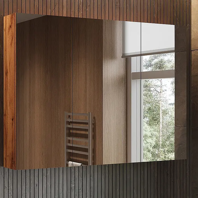 Vicco Spiegelschrank - Sonstiges, Eiche - Moderner Holz-Spiegelschrank mit Spiegeltüren, der ein Badezimmer und die Aussicht reflektiert.