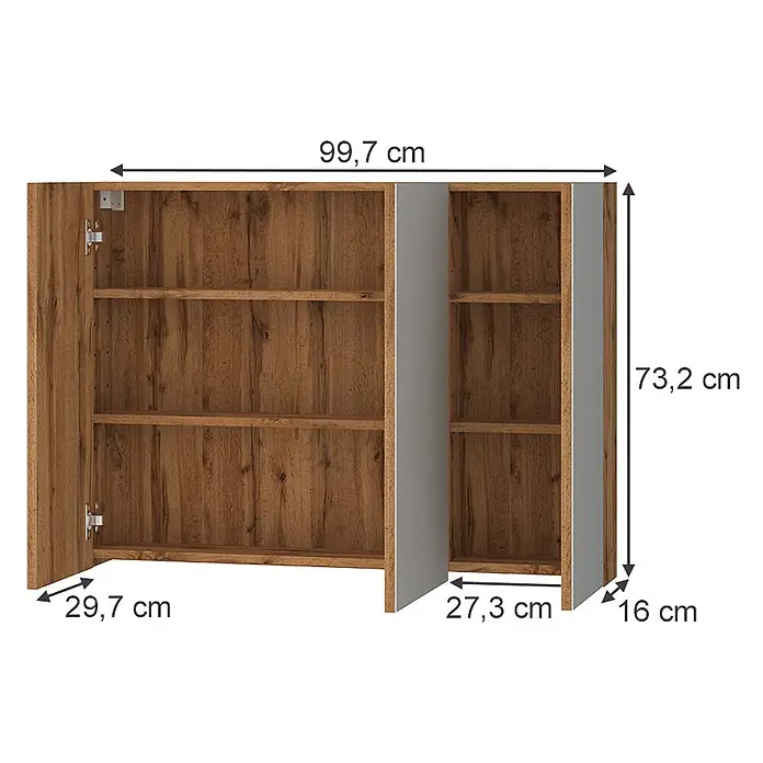 Vicco Spiegelschrank - Sonstiges, Eiche - Wandschrank in Holzoptik mit grauen Akzenten, offenen Türen, mehreren Regalböden und sichtbaren Maßen.