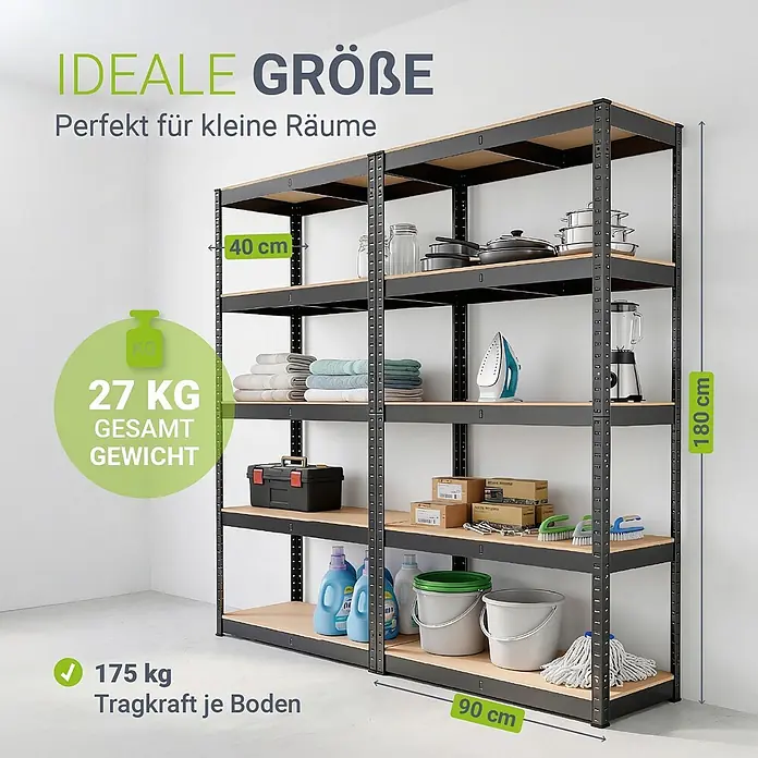 Juskys Schwerlastregal - H x B x T: 180 x 90 x 40 cm, Traglast pro Boden: 80 kg, Anzahl Böden: 10 Stk., Grau