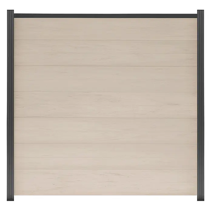 GartenLand Steckzaun-Element WPC Zaun Ameland Ohne Pfosten Ohne Abschlussleiste - B x H: 180 x 180 cm, Sand-Multicolor, Verbundwerkstoff - Helle beige Zaunplatte mit Lamellen und dunkelgrauem Rahmen.
