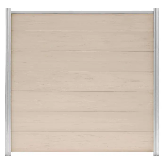 GartenLand Steckzaun-Element WPC Zaun Ameland Ohne Pfosten Ohne Abschlussleiste - B x H: 180 x 180 cm, Sand-Multicolor, Verbundwerkstoff - Sichtschutzwand in heller Holzoptik mit silbernem Aluminiumrahmen.