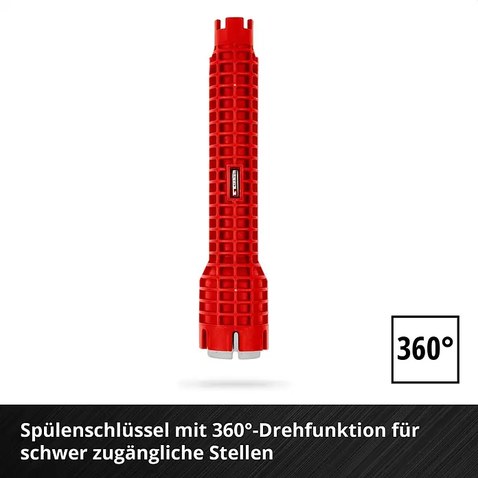 Einhell Werkzeugsatz-Einlage E-Case Sanitärinstallation - 8 -tlg. - Roter Einhell Spülenschlüssel mit strukturierter Oberfläche und 360°-Drehfunktion.