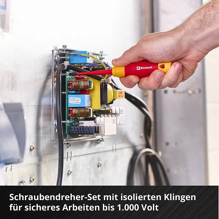 Einhell Werkzeugsatz-Einlage E-Case VDE Set - 9 -tlg. - Einhell isolierter Schraubendreher auf einer Platine. Für sicheres Arbeiten an elektrischen Systemen bis 1000 Volt.