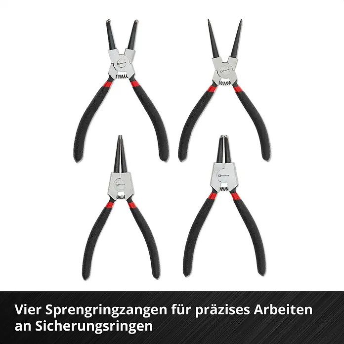 Einhell Werkzeugsatz-Einlage E-Case Zangen - 9 -tlg. - Vier Sprengringzangen in Silber und Schwarz mit roten Akzenten, für präzise Arbeiten an Sicherungsringen.