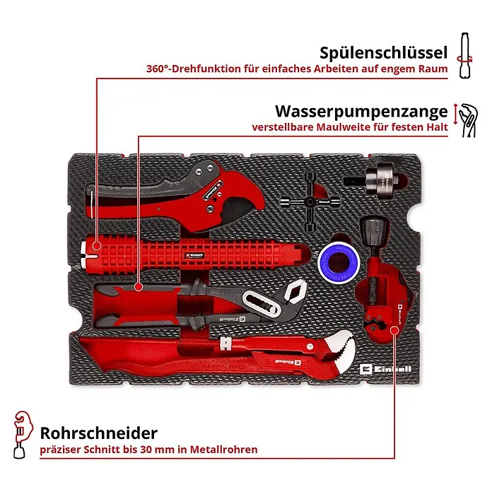 Einhell Werkzeugsatz-Einlage E-Case Sanitärinstallation - 8 -tlg. - Ein rotes und schwarzes Einhell Sanitär-Werkzeugset in einer dunklen Schaumstoffeinlage, mit Spülenschlüssel, Rohrschneider und Wasserpumpenzange.