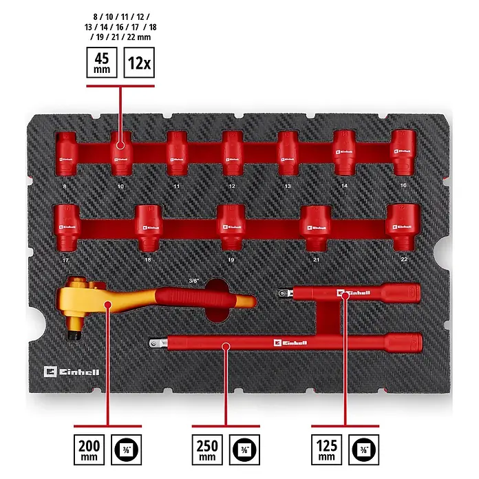 Einhell Werkzeugkoffer E-Case VDE - 24 -tlg. - Rotes/gelbes Einhell 3/8" Steckschlüsselsatz mit Ratsche, Verlängerungen und 12 Nüssen (8-22mm) in schwarzer Carbon-Schaumeinlage.