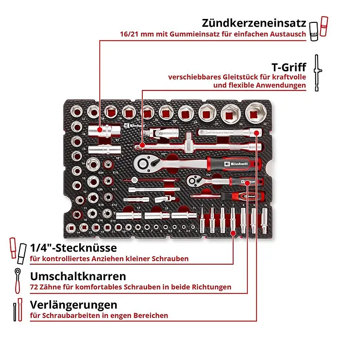 Einhell Werkzeugsatz-Einlage E-Case Stecknuss- und Ratschenset - 60 -tlg. - Einhell Steckschlüsselsatz in schwarzer und roter Kassette, mit Ratschen, verschiedenen Nüssen, Verlängerungen und Zündkerzeneinsatz.
