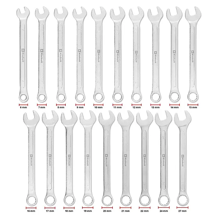 Einhell Werkzeugsatz-Einlage E-Case Gabelringschlüssel - 19 -tlg. - Silberfarbener Ring-Maulschlüsselsatz in verschiedenen Größen von 6 mm bis 27 mm.