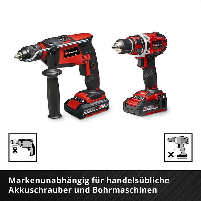 Einhell Werkzeugkoffer E-Case Renovierung - 78 -tlg. - Zwei rote und schwarze Einhell Akku-Werkzeuge (Bohrhammer, Akkuschrauber) mit Akkus, stehen für markenunabhängige Nutzung bei handelsüblichen Bohrmaschinen.