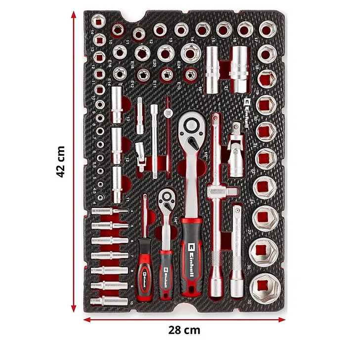 Einhell Werkzeugsatz-Einlage E-Case Stecknuss- und Ratschenset - 60 -tlg. - Einhell Steckschlüsselsatz mit silbernen Metallwerkzeugen, rot-schwarzen Griffen und verschiedenen Nüssen und Ratschen, sauber in einem schwarzen Koffer angeordnet.