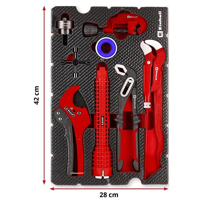 Einhell Werkzeugsatz-Einlage E-Case Sanitärinstallation - 8 -tlg. - Rot-schwarzes Einhell Sanitär-Werkzeugset (42x28 cm) mit Rohrschneider, Zangen und PTFE-Band in strukturierter Hülle.