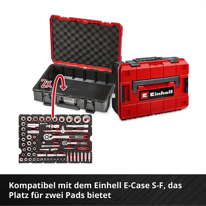 Einhell Werkzeugsatz-Einlage E-Case Stecknuss- und Ratschenset - 60 -tlg. - Offener und geschlossener roter Einhell E-Case S-F Werkzeugkoffer mit Schaumstoffeinlage, daneben ein passendes 2x Werkzeugpad mit Steckschlüsselsatz.