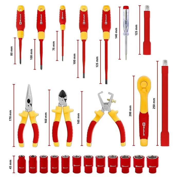 Einhell Werkzeugkoffer E-Case VDE - 24 -tlg. - Satz isolierter roter und gelber Handwerkzeuge: Schraubendreher, Zangen, Abisolierzange, Ratsche, Verlängerung und Stecknüsse.
