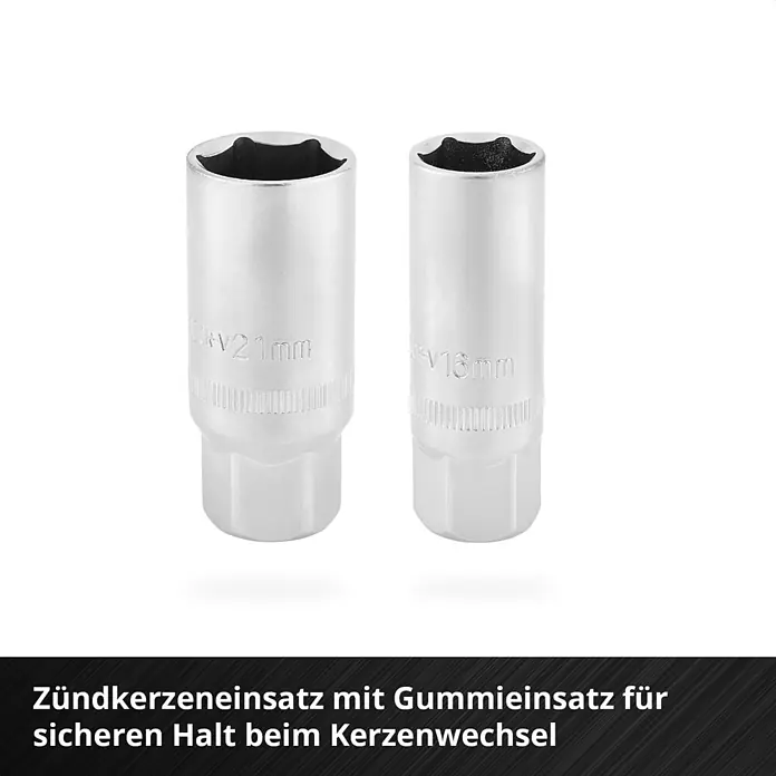 Einhell Werkzeugsatz-Einlage E-Case Stecknuss- und Ratschenset - 60 -tlg. - Zündkerzenschlüssel-Einsätze, silberfarben, 21mm und 16mm, mit Gummieinsatz für sicheren Halt.