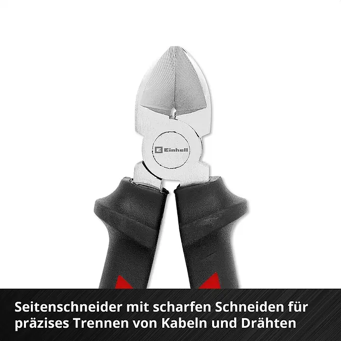 Einhell Werkzeugsatz-Einlage E-Case Zangen - 9 -tlg. - Silberner Einhell Seitenschneider mit schwarzen und roten Griffen zum präzisen Trennen von Kabeln und Drähten.
