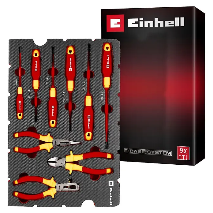 Einhell Werkzeugsatz-Einlage E-Case VDE Set - 9 -tlg. - Einhell 9-teiliges Schraubendreher- und Zangenset in grauer Schaumeinlage neben einer schwarz-roten E-Case System Box.