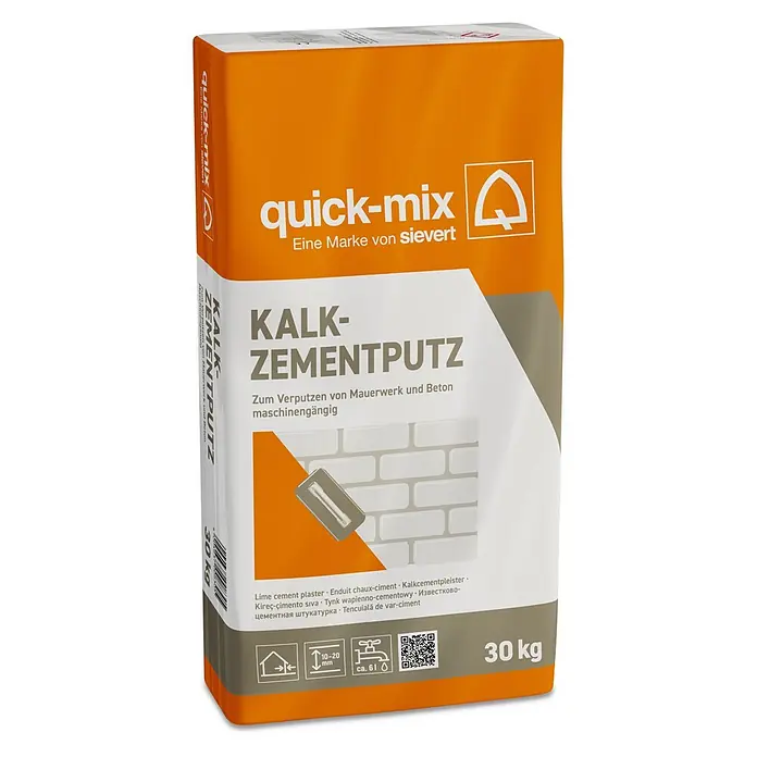 Quick-Mix Maschinenputz MK3 - 30 kg, Zement - Orangener und weißer 30 kg Sack quick-mix Kalk-Zementputz für Mauerwerk und Beton.