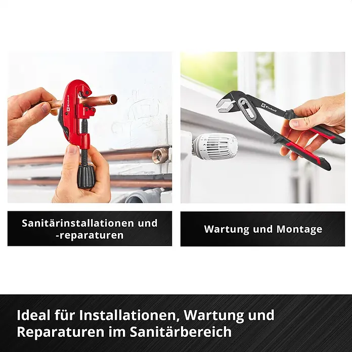 Einhell Werkzeugsatz-Einlage E-Case Sanitärinstallation - 8 -tlg. - Einhell Rohrschneider schneidet Kupferrohr und Wasserpumpenzange am Heizkörperventil für Sanitärinstallationen und Reparaturen.