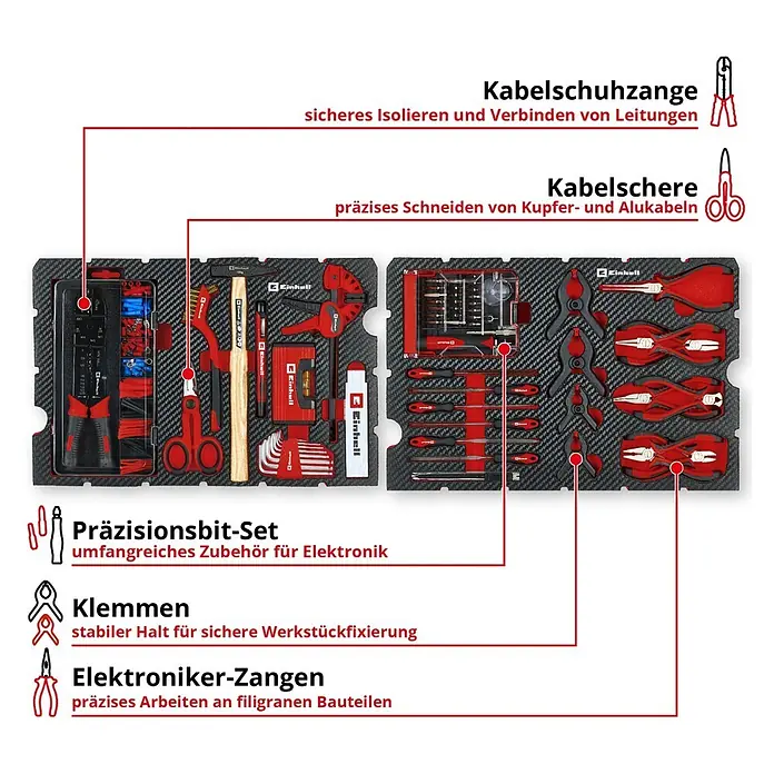 Einhell Werkzeugkoffer E-Case Hobby - 153 -tlg. - Umfassendes Einhell Werkzeugset in Rot und Schwarz, geordnet in Schaumstoff, mit Zangen, Bits, Hammer und Klemmen für vielfältige Anwendungen.
