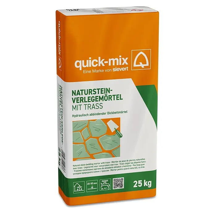 Quick-Mix Naturstein-Verlegemörtel - 25 kg - Orange-grüner Sack Quick-mix Naturstein-Verlegemörtel mit Trass, 25 kg.