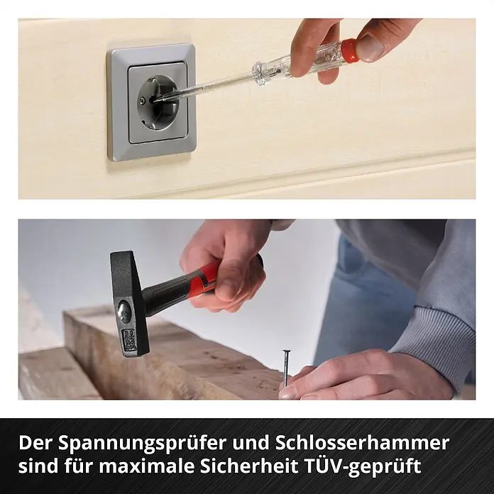 Einhell Werkzeugkoffer E-Case Montage - 80 -tlg. - Spannungsprüfer in grauer Steckdose; Schlosserhammer auf Nagel. Beide TÜV-geprüft.