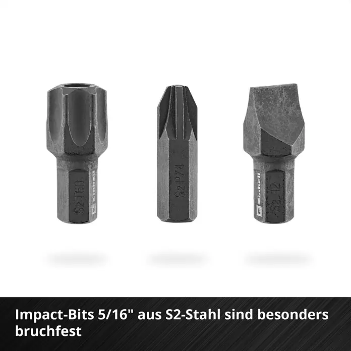 Einhell Werkzeugkoffer E-Case KFZ - 121 -tlg. - Drei dunkelgraue 5/16" Impact-Bits aus S2-Stahl, mit Torx-, Phillips- und Schlitzantrieben.