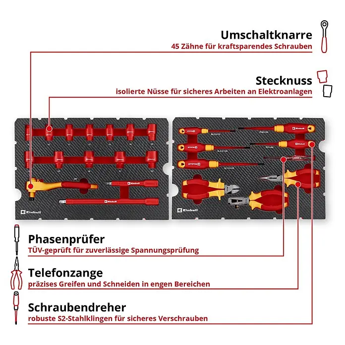 Einhell Werkzeugkoffer E-Case VDE - 24 -tlg. - Rotes und gelbes isoliertes Werkzeugset für Elektroarbeiten und Reparaturen, inkl. Knarre, Nüssen, Schraubendrehern, Zangen und Spannungsprüfer.
