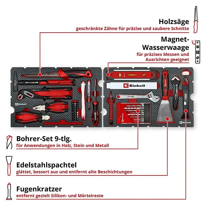 Einhell Werkzeugkoffer E-Case Renovierung - 78 -tlg. - Einhell Werkzeugkoffer mit rot-schwarzem Werkzeugset, inklusive Säge, Wasserwaage, Bohrerset, Spachtel und Fugenkratzer.