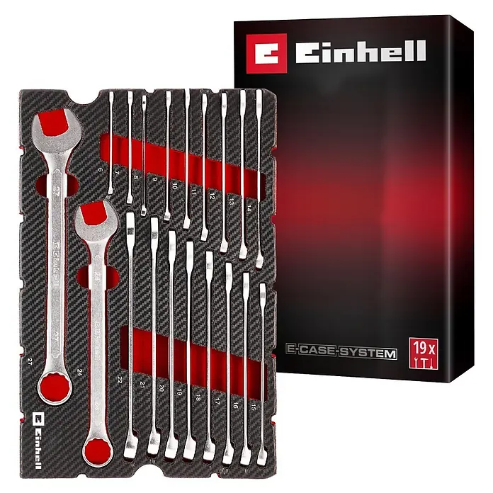 Einhell Werkzeugsatz-Einlage E-Case Gabelringschlüssel - 19 -tlg. - Einhell E-CASE SYSTEM Set: 19 silberne Maul-Ringratschenschlüssel mit roten Akzenten in schwarzer Schaumstoffeinlage, neben passender Box.