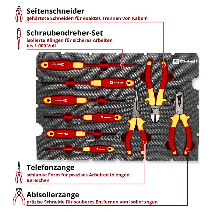 Einhell Werkzeugsatz-Einlage E-Case VDE Set - 9 -tlg. - Isolierter Schraubendreher- und Zangensatz (rot-gelb), für Elektroarbeiten bis 1000V. Enthält Schraubendreher, Seitenschneider, Telefon- und Abisolierzange.