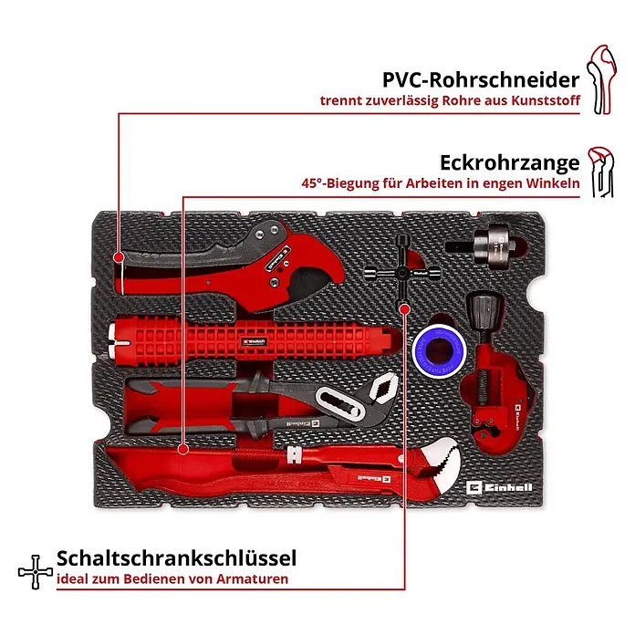Einhell Werkzeugsatz-Einlage E-Case Sanitärinstallation - 8 -tlg. - Rotes und schwarzes Einhell Sanitärwerkzeugset in Schaumstoffeinlage mit Rohrschneider, Zangen und Schaltschrankschlüssel.
