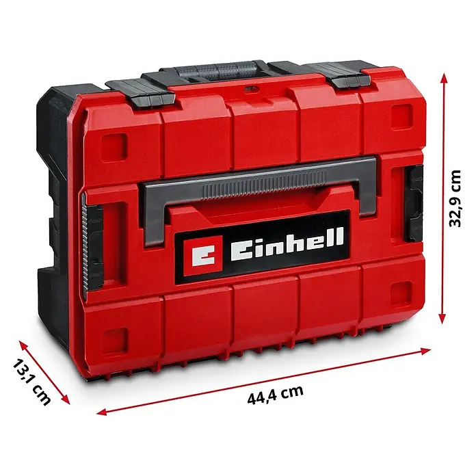 Einhell Werkzeugkoffer E-Case Hobby - 153 -tlg. - Rote Einhell Werkzeugkiste aus Kunststoff mit grauen Akzenten und Griff, Maße: 44,4 cm Länge, 32,9 cm Höhe, 13,1 cm Tiefe.