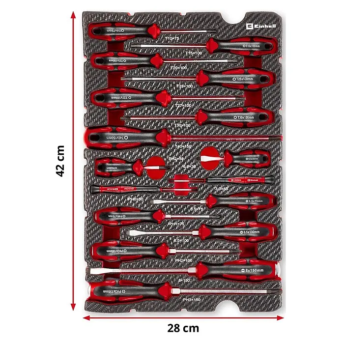 Einhell Werkzeugsatz-Einlage E-Case Schraubendreher - 17 -tlg. - Rotes und schwarzes Schraubendreher-Set mit Torx-, Kreuzschlitz- und Schlitzschraubendrehern, geordnet in einem schwarzen Schaumstoff-Inlay in Carbon-Optik.