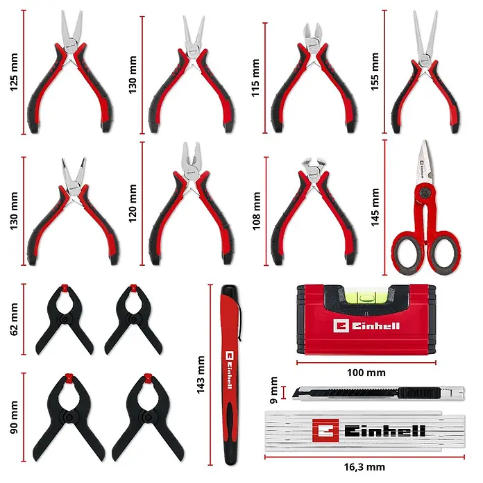 Einhell Werkzeugkoffer E-Case Hobby - 153 -tlg. - Ein Set roter und schwarzer Einhell Handwerkzeuge, darunter verschiedene Zangen, Klemmen, Wasserwaage, Gliedermaßstab, Cuttermesser und Marker, mit Maßen.