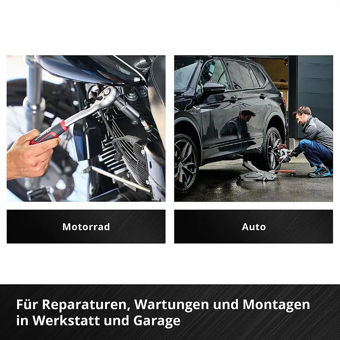 Einhell Werkzeugsatz-Einlage E-Case Stecknuss- und Ratschenset - 60 -tlg. - Ratschenschlüssel an Motorrad, Schlagschrauber am Autoreifen. Ideal für Reparaturen in Werkstatt und Garage.