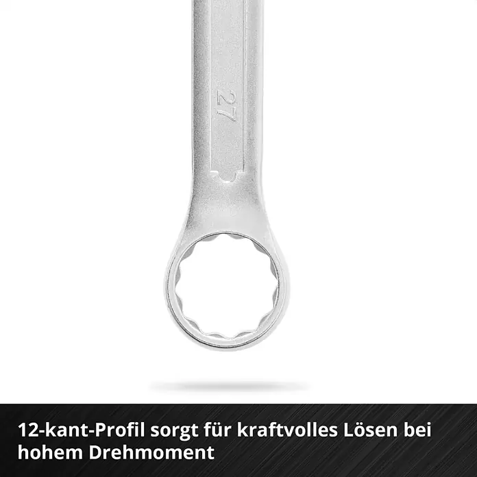 Einhell Werkzeugsatz-Einlage E-Case Gabelringschlüssel - 19 -tlg. - Silberner Ringschlüssel mit 27mm 12-Kant-Profil für kraftvolles Lösen bei hohem Drehmoment.