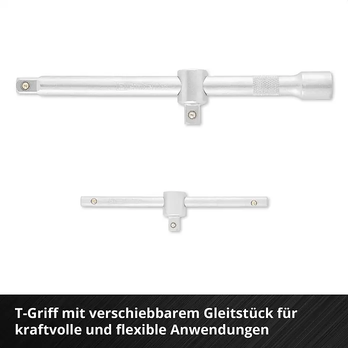 Einhell Werkzeugsatz-Einlage E-Case Stecknuss- und Ratschenset - 60 -tlg. - Zwei silberfarbene T-Griffe mit verschiebbarem Vierkantantrieb für flexible und kraftvolle Anwendungen.