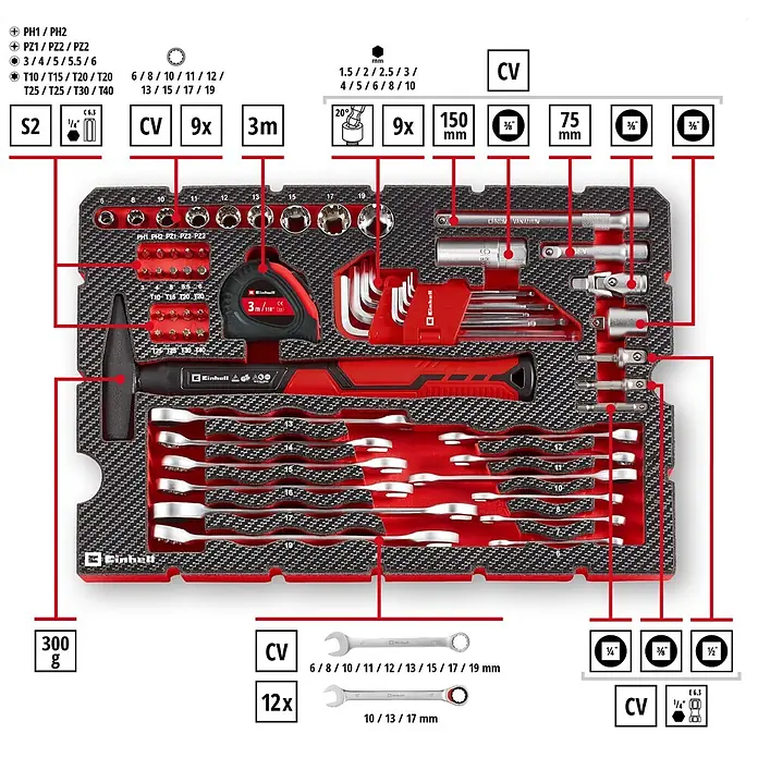 Einhell Werkzeugkoffer E-Case Montage - 80 -tlg. - Rot-schwarzer Werkzeugkasten mit 123 Chrom-Vanadium-Teilen: Stecknüssen, Schraubenschlüsseln, Bits, Inbusschlüsseln, Hammer und Maßband, geordnet.