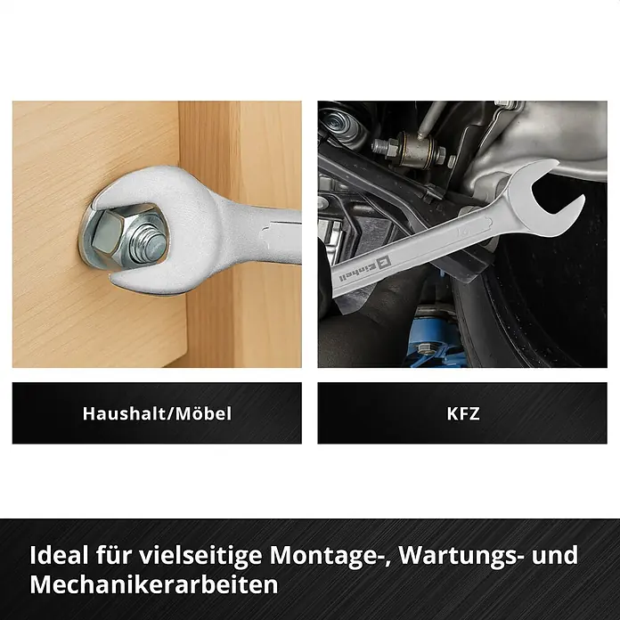 Einhell Werkzeugsatz-Einlage E-Case Gabelringschlüssel - 19 -tlg. - Silberner Doppelmaulschlüssel im Einsatz bei Haushalts-/Möbelmontage und Kfz-Reparatur, vielseitig anwendbar.