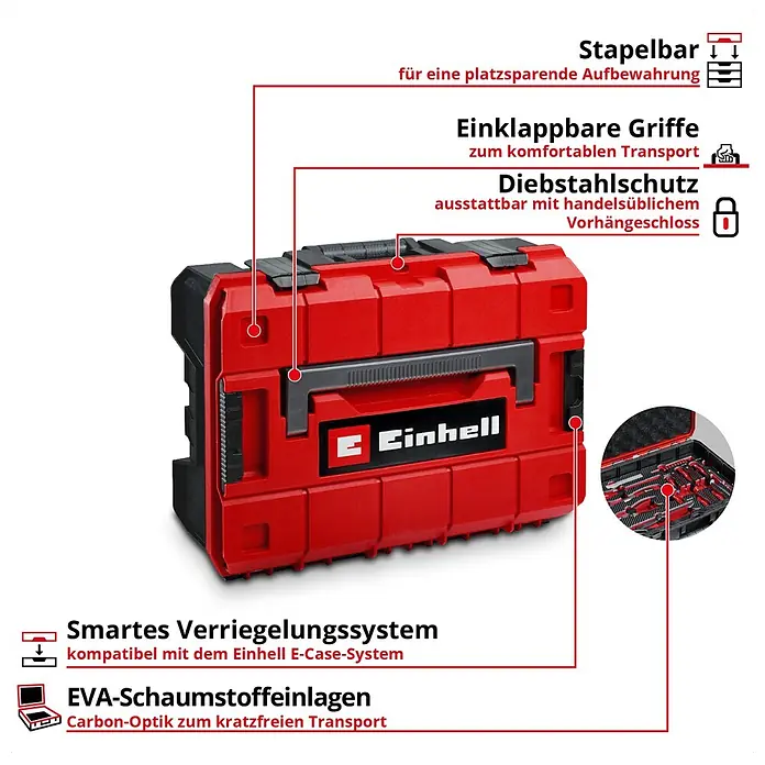 Einhell Werkzeugkoffer E-Case VDE - 24 -tlg. - Rote und schwarze Einhell Werkzeugtransportbox mit klappbaren Griffen und intelligentem Verriegelungssystem, gezeigt mit Schaumstoffeinlagen.