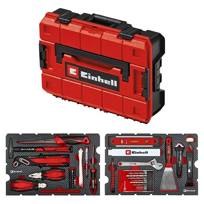Einhell Werkzeugkoffer E-Case Renovierung - 78 -tlg. - Rote und schwarze Einhell Werkzeugkiste mit umfangreichem Handwerkzeugset, bestehend aus Zangen, Hammer, Schraubendrehern, Wasserwaage und Bohrer.