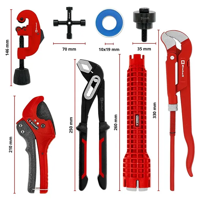 Einhell Werkzeugsatz-Einlage E-Case Sanitärinstallation - 8 -tlg. - Ein umfassendes Set roter und schwarzer Sanitärwerkzeuge mit blauer PTFE-Dichtbandrolle, einschließlich Rohrschneidern und Zangen.