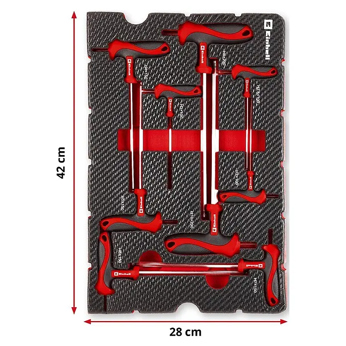 Einhell Werkzeugsatz-Einlage E-Case T-Griff - 9 -tlg. - Einhell T-Griff-Innensechskantschlüsselsatz, rot-schwarz, in schwarzer Schaumstoffeinlage, 42x28 cm.