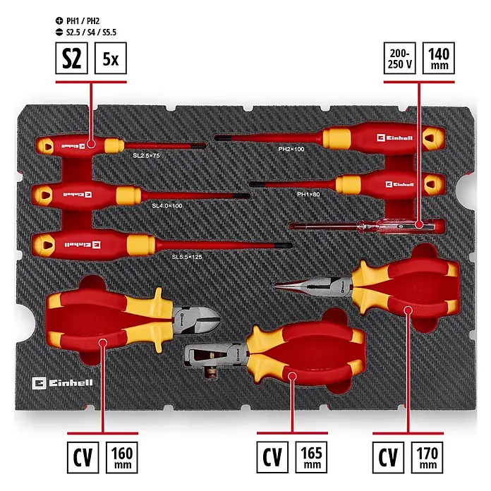 Einhell Werkzeugkoffer E-Case VDE - 24 -tlg. - Set roter und gelber isolierter Schraubendreher (Kreuzschlitz, Schlitz) und Zangen (Seitenschneider, Flachzange, Kombizange) in Schaumstoffeinlage.