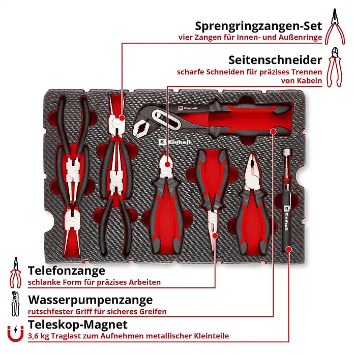 Einhell Werkzeugsatz-Einlage E-Case Zangen - 9 -tlg. - Ein Set aus rot-schwarzen Handwerkzeugen, darunter verschiedene Zangen und ein Teleskopmagnet, in einer Schaumstoffeinlage.